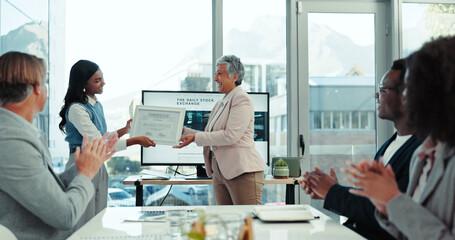 Aufkleber - Business people, team applause and ceo with award for congratulations, excellence and certificate. Happy group, clapping and manager with reward for prize, success or celebrate for good job in office