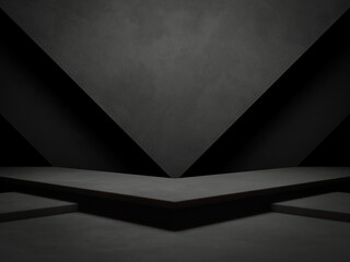 Wall Mural - 3D dark concrete wall background. Black geometric cement podium.