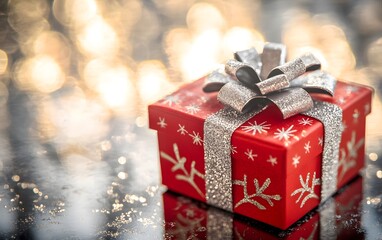 A festive red gift box adorned with silver ribbon and bow, set against a shimmering background.