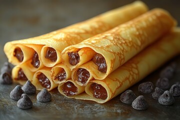 Wall Mural - A stack of chocolate covered donuts with chocolate chips on top