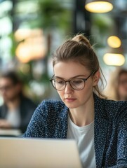 Wall Mural - Woman wearing glasses is sitting at a table with a laptop. She is focused on her work and she is in a serious mood