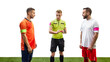 © master1305 - Referee standing between to players from opposite teams and tossing a coin to determine which team will kick off first. Concept of sport, fair play, competition, control, rules