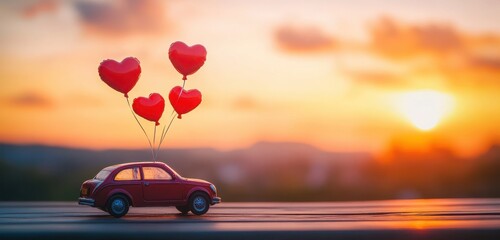 A Valentine's Day concept with heart-shaped balloons floating above a toy car on a wooden table, all set against a vibrant sunset sky. 