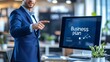 © Jojo - Businessman in Blue Suit Pointing at Business Plan on Monitor in Modern Office Setting