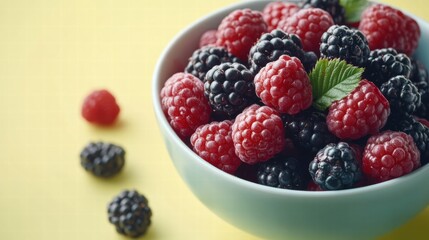 A bowl of fresh berries on a pastel yellow background