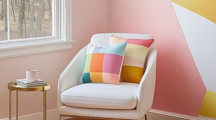 Wall Mural - Minimalist living room with a white modern chair with pastel pink and yellow cushions next to a window