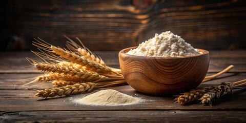 Wall Mural - A Wooden Bowl Filled with White Flour Surrounded by Golden Wheat Spikes on a Rustic Wooden Background