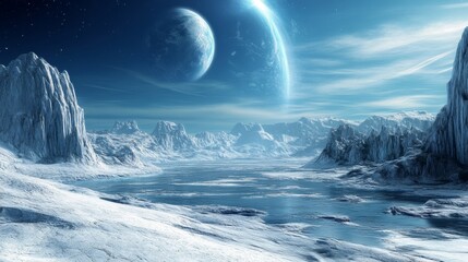 Canvas Print - a serene, icy alien landscape featuring mountains, a lake, and a distant planet.