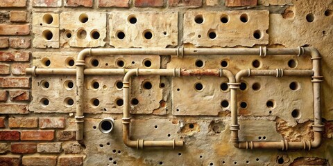 Aufkleber - A weathered brick wall adorned with a network of aged pipes, creating a rustic and industrial aesthetic.
