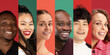 © master1305 - Collage with narrow stripes made with portrait of different young people, men and women of various nationality and race, smiling on colorful background. Human emotions, race, rights, diversity concept