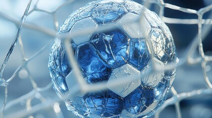 Frozen soccer ball in net, close-up.