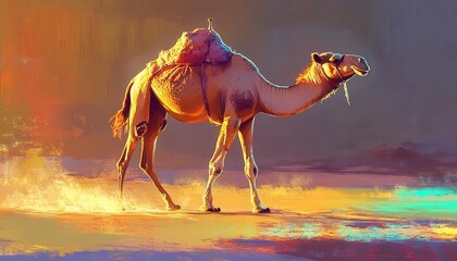 Wall Mural - Camel walking with vibrant lighting, dynamic movement, soft glow, desert scene