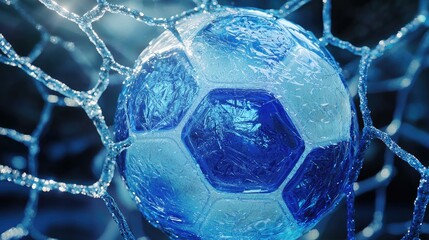 Frozen soccer ball in net, icy, winter sport.