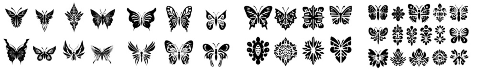 Fototapete - A modern set of black butterfly silhouettes in flight, isolated.