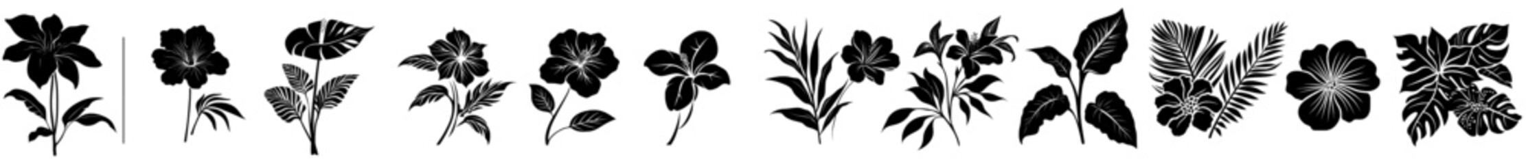 Fototapete - A contemporary collection of black tropical hibiscus flower silhouettes, set against a white background.