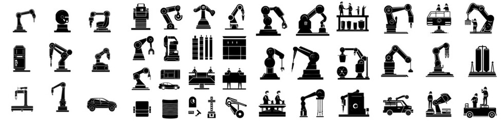 Fototapete - Collection of production line and factory icons. Includes robotics and hydraulic robots, industrial work, and conveyor belts. Monochrome black and white design.