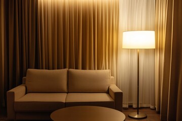 Wall Mural - Cozy living room with beige sofa and floor lamp in soft warm lighting