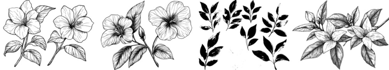 Leinwandbilder - Hand-drawn black modern botanical elements on a white background, featuring charcoal flowers, branches, leaves, and buds. The set includes black flower silhouettes with small berry branches, all in a