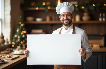 Baker man in chef's uniform and chef's hat stands on a uniform christmas bakery background, holds a white clean sheet of paper in his hands. Mock up