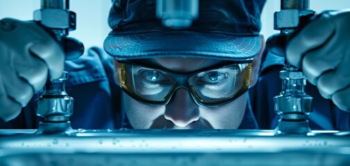 Poster - A focused technician examines machinery with precision, wearing protective gear and intense concentration in a well-lit industrial setting.