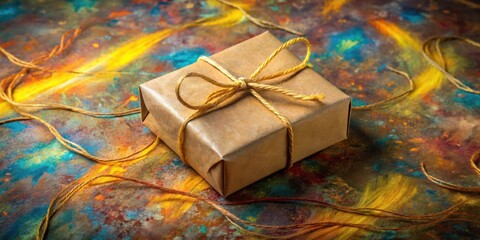 Poster - A rustic brown gift box tied with twine, resting on a textured surface with abstract brushstrokes in warm hues of yellow, orange, brown, and blue.