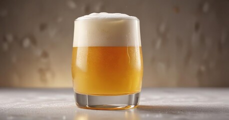 Wall Mural - A glass filled with a cold beer and topped with a thick layer of creamy froth, with a subtle gradient effect on the froth to create a sense of depth and dimensionality, glass, froth, gradient