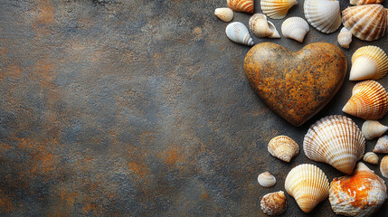 Wall Mural - Close-up of a heart-shaped stone surrounded by assorted seashells on a sandy beach. The composition evokes themes of love, nature, serenity, and the enduring beauty of the ocean's treasures