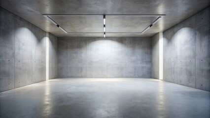 Poster - Empty industrial space with concrete walls and ceiling, illuminated by recessed lighting, featuring a minimalist aesthetic