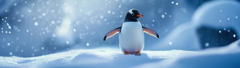 Wall Mural - Penguin waddling with vibrant lighting, soft glow, cozy winter atmosphere