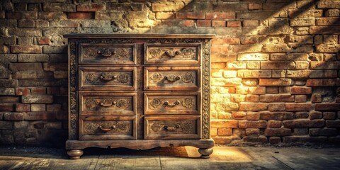 Poster - A weathered wooden chest of drawers with intricate carvings, standing in the warm glow of sunlight against a rustic brick wall.