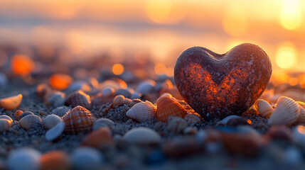 Wall Mural - Close-up of a heart-shaped stone surrounded by assorted seashells on a sandy beach. The composition evokes themes of love, nature, serenity, and the enduring beauty of the ocean's treasures