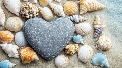 Wall Mural - Close-up of a heart-shaped stone surrounded by assorted seashells on a sandy beach. The composition evokes themes of love, nature, serenity, and the enduring beauty of the ocean's treasures