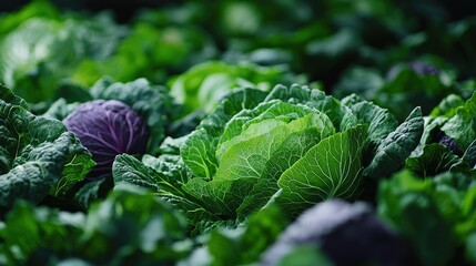 a cabbage patch filled with lush green and purple heads, ready for harvest.