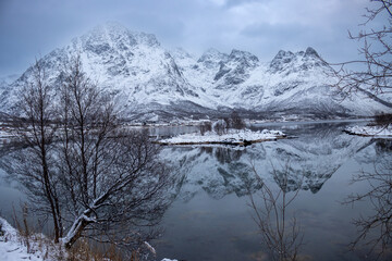 Norwegian sea and mountains in the winter, Norway.