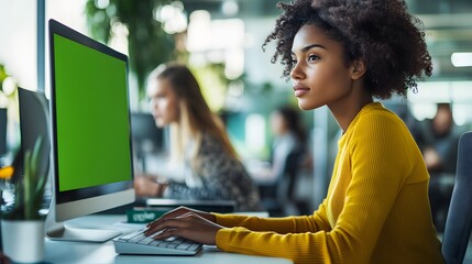Wall Mural - woman working on computer with green screen in office