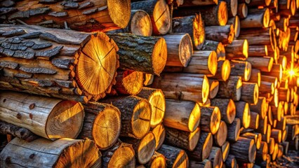 Aufkleber - Golden Sunlight Bathes a Stack of  Stacked Logs, Their Grain and Texture Revealed in Striking Detail