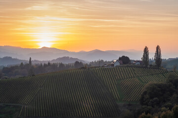Wall Mural - aerial sunset landscape of the picturesque, autumn-covered hills near maribor, close to the austrian