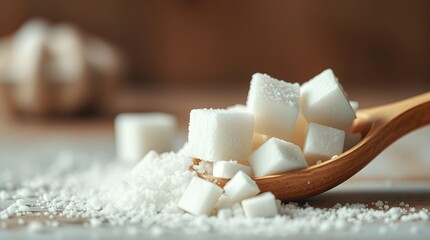 a spoon of cube sugar on table