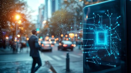 Wall Mural - photograph showcasing an air monitoring device installed in a city connected to a glowing digital ne