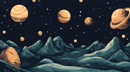 Wall Mural - A cosmic landscape featuring planets and mountains under a starry sky.