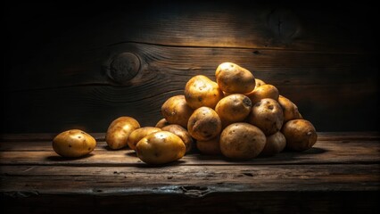 Aufkleber - A pile of potatoes sitting on a wooden surface with a single spotlight illuminating the scene from above