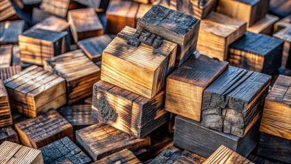 Aufkleber - A chaotic arrangement of wooden blocks, some burned black, others retaining their natural wood color, creating an abstract pattern of textures and shapes.