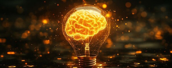 Canvas Print - Glowing yellow human brain inside digital light bulb