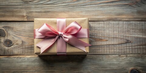 Poster - A beautifully wrapped gift box with a pink satin ribbon bow sits on a rustic wooden surface