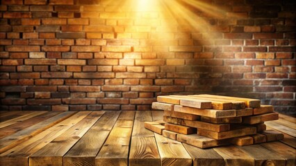 Poster - Rustic Wooden Tabletop with Stacked Boards Against a Brick Wall Background Illuminated by Warm Light