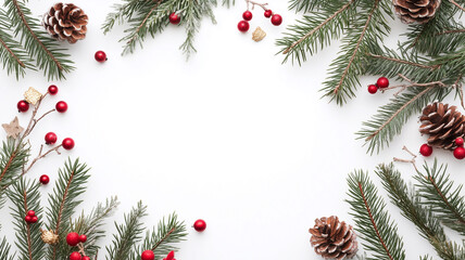 Wall Mural - Minimalist Christmas Frame with Evergreen Branches on White Background