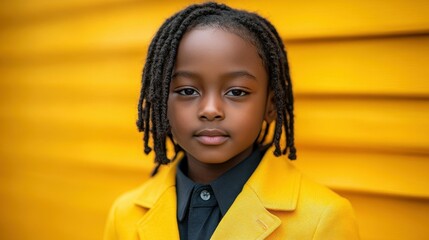 Wall Mural - A young boy with dreadlocks is wearing a yellow jacket and a black shirt. He is looking directly at the camera