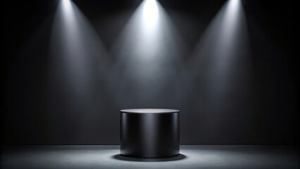 Poster - A minimalist black pedestal with three spotlights illuminating its surface, creating a dramatic and elegant presentation space