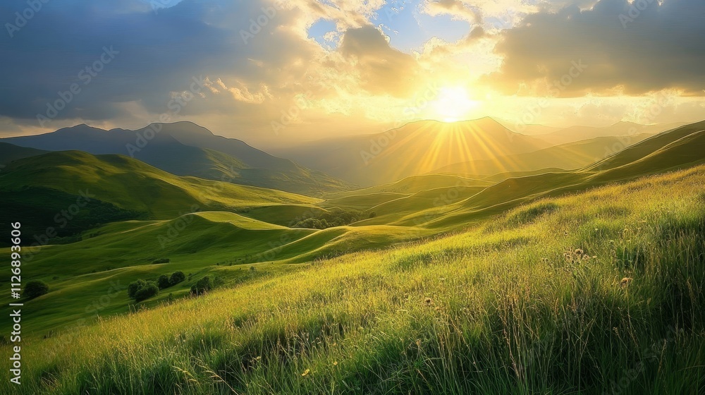 A serene landscape at sunrise, showcasing rolling green hills and dramatic clouds.