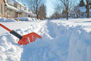 Wall Mural - A bright winter scene showing a snow-covered street with a shovel clearing a pathway through deep snow.